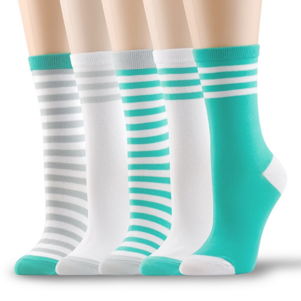 5 Pairs of Women’s Cotton Crew Socks Turquoise